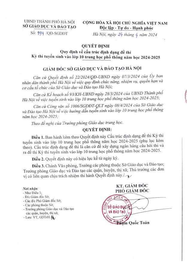Quy định cấu trúc định dạng đề thi Kỳ thi tuyển sinh vào lớp 10 trung học phổ thông năm học 2024-2025
