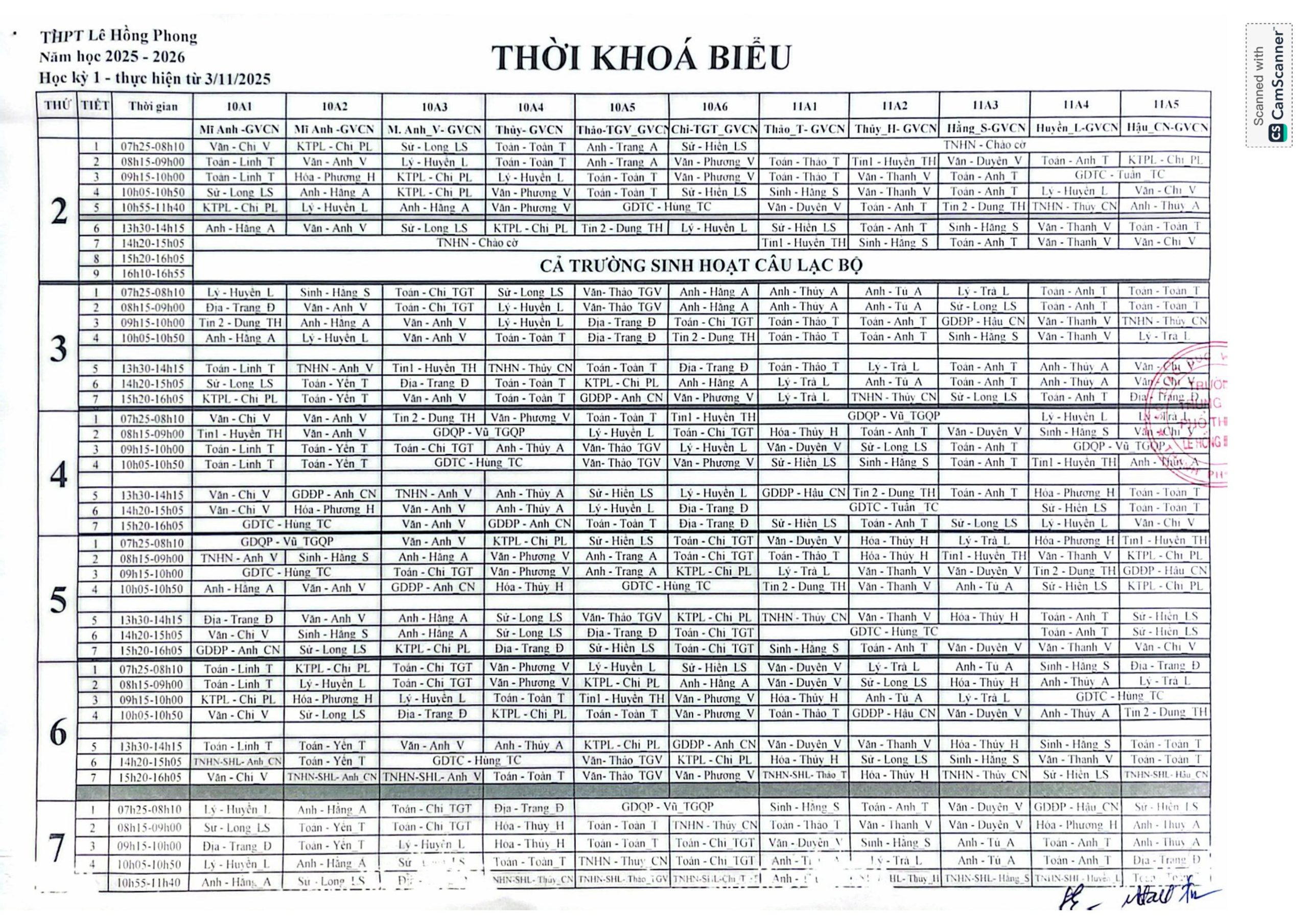 THỜI KHÓA BIỂU HỌC KÌ I THỰC HIỆN TỪ NGÀY 03/11/2025